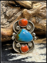 Load image into Gallery viewer, Priscilla Reeder, Navajo silversmith.  Coral and turquoise ring. Sz. 9. 
