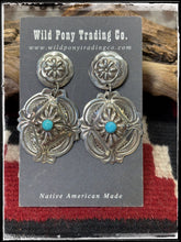 Load image into Gallery viewer, Genevieve Blackgoat, Navajo silversmith.  Sterling silver and turquoise concho earrings. 
