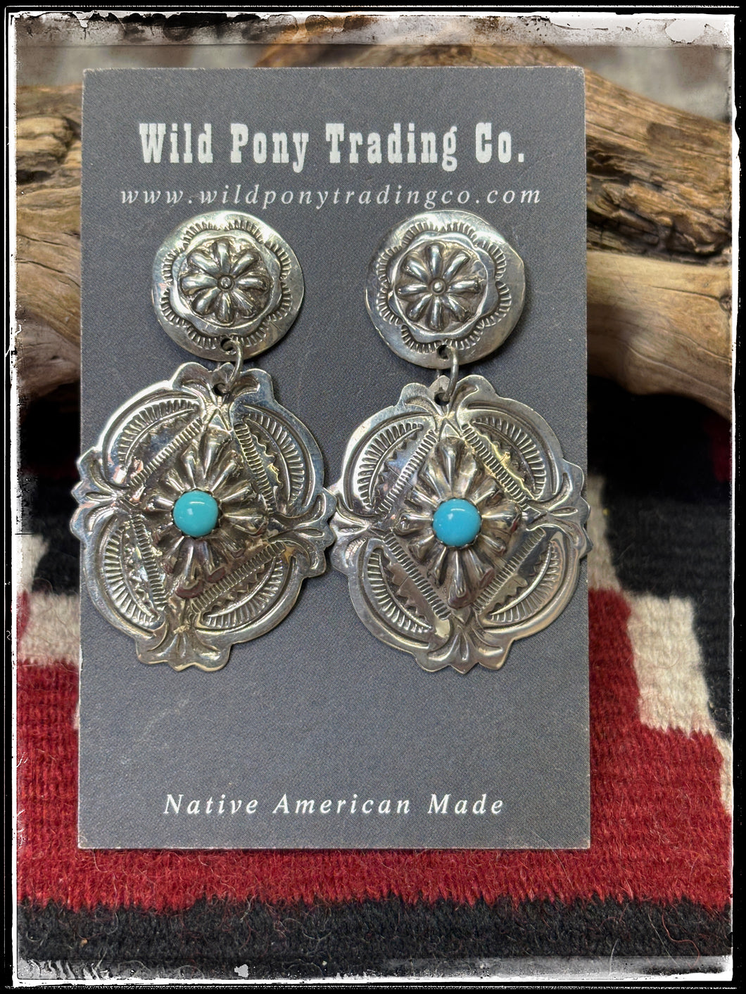 Genevieve Blackgoat, Navajo silversmith.  Sterling silver and turquoise concho earrings. 