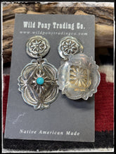 Load image into Gallery viewer, Genevieve Blackgoat, Navajo silversmith.  Sterling silver and turquoise concho earrings.  Hallmark stamp. 
