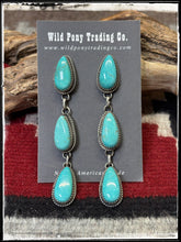 Load image into Gallery viewer, Freda Martinez, Navajo silversmith. Sterling silver and Kingman turquoise, triple drop earrings.  
