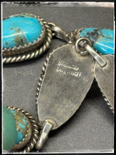 Load image into Gallery viewer, Virginia Becenti, Navajo silversmith. Sterling silver and Kingman turquoise triple teardrop earrings. Hallmark stamp. 
