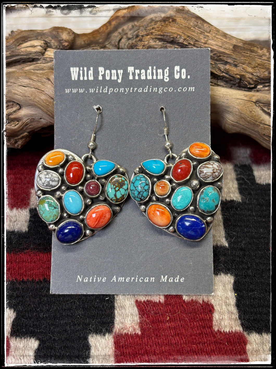 Emmer Thompson, Navajo silversmith. Sterling silver and multi stone heart earrings.