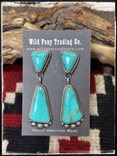Load image into Gallery viewer, Elouise Kee, Navajo silversmith.  Sterling silver and Kingman turquoise, double drop earrings.
