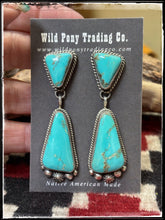 Load image into Gallery viewer, Elouise Kee, Navajo silversmith.  Sterling silver and Kingman turquoise, double drop earrings.
