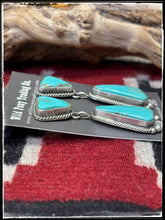 Load image into Gallery viewer, Elouise Kee, Navajo silversmith.  Sterling silver and Kingman turquoise, double drop earrings.
