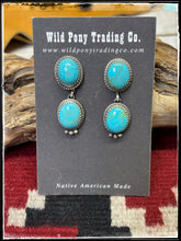 Load image into Gallery viewer, Tricia Martinez, Navajo silversmith.  Sterling silver and Kingman turquoise, double drop earrings.  
