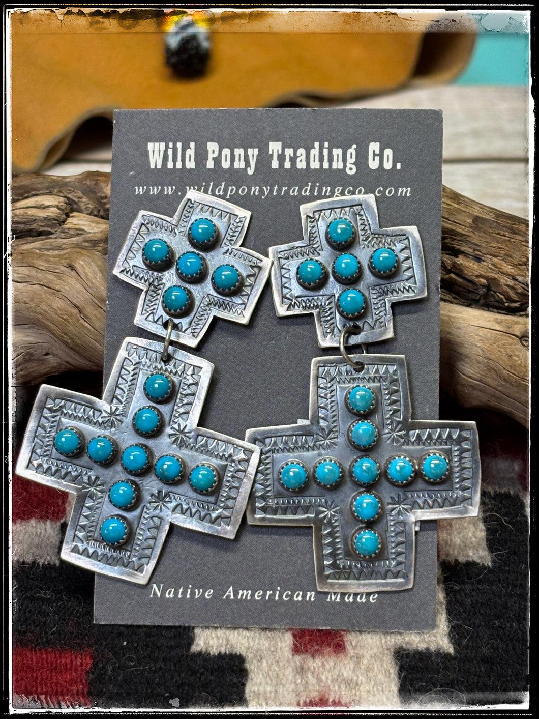 Joanne Spencer, Navajo silversmith.  Sterling silver and turquoise cross earrings. 