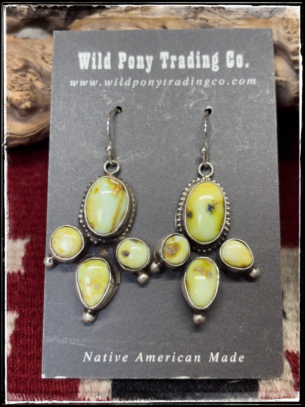 Ella Peters, Navajo silversmith.  Sterling silver and Palomino variscite dangle earrings  Pair A. 