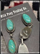 Load image into Gallery viewer, Freda Martinez, Navajo silversmith. Sterling silver and Kingman turquoise triple teardrop earrings. Hallmark stamp. 
