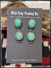 Load image into Gallery viewer, Tricia Martinez, Navajo silversmith.  Sterling silver and Kingman turquoise, double drop earrings.  
