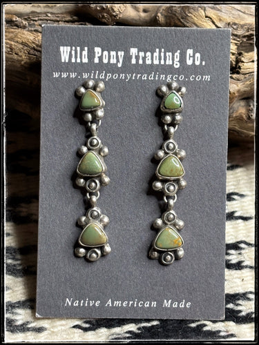 Dean Sandoval, Navajo silversmith.  Triple stone turquoise earrings. 