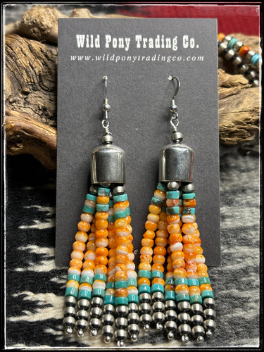 6 strand, spiny oyster shell and turquoise tassel earrings. 