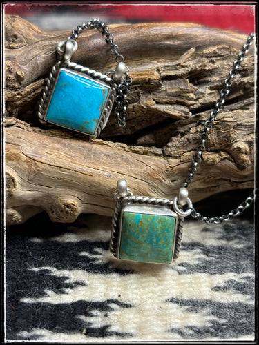 Donovan Skeets, Navajo silversmith.  Square, kingman turquoise mini bar necklaces.