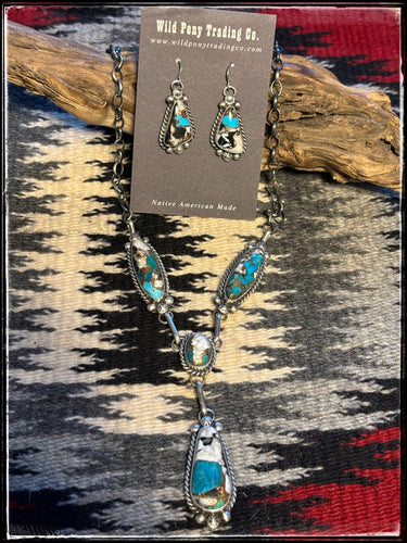 Augustine Largo, Navajo silversmith.  Kingman Krush Y Necklace and earrings set 