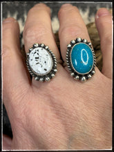 Load image into Gallery viewer, Alfred Martinez, Navajo silversmith.  Sterling silver oval rings.  White Buffalo  and Kingman turquoise stones. 
