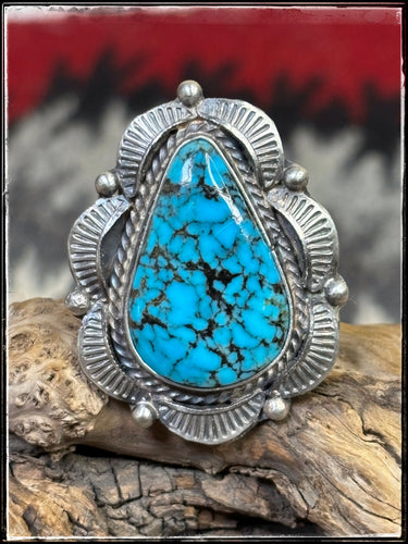 Justine Tso, Navajo silversmith.  Sterling silver and Kingman turquoise ring with wide band.