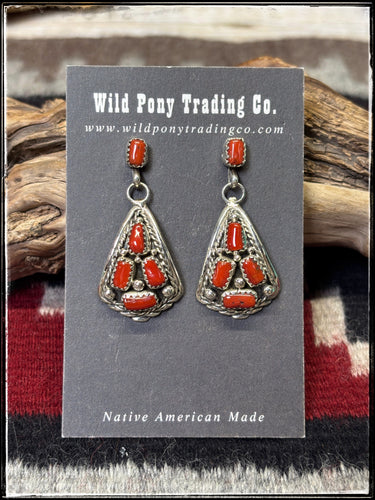 Melvin Chee, Navajo silversmith.  Sterling silver and coral dangle earrings. 