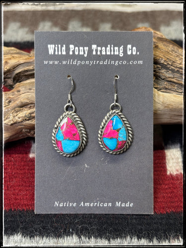 Anyssa Martinez, Navajo silversmith.  Sterling silver and cotton candy (composite stone) earrings. 