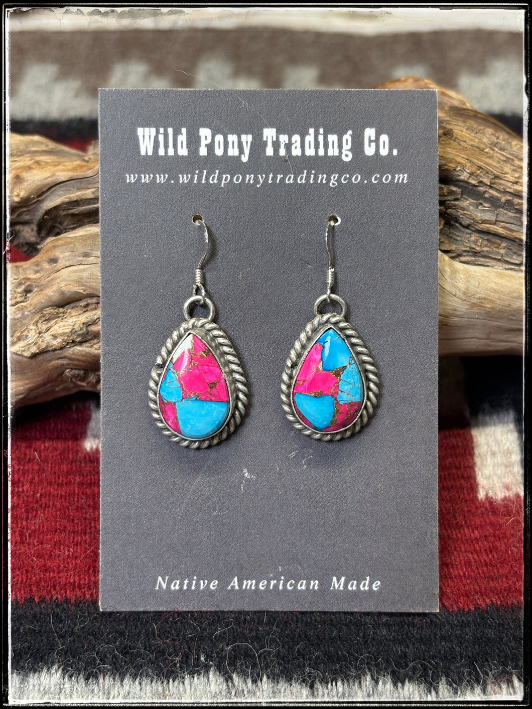 Anyssa Martinez, Navajo silversmith.  Sterling silver and cotton candy (composite stone) earrings. 