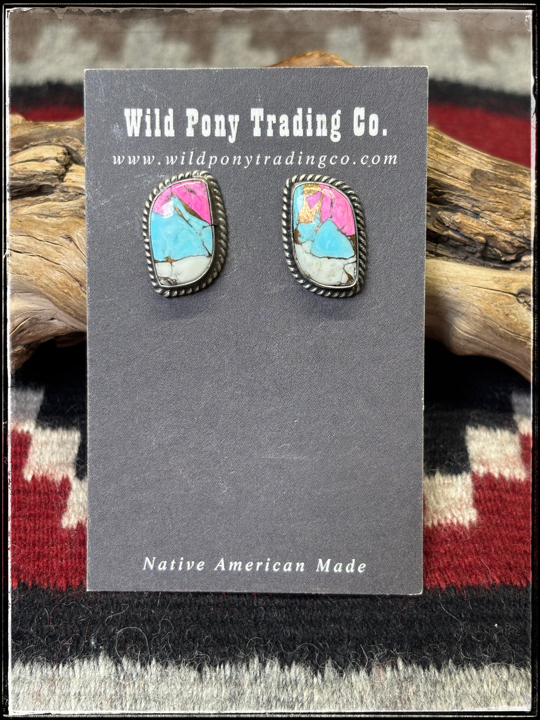 Eugene Belone, Navajo silversmith.  Sterling silver and Cotton Candy stud earrings. 