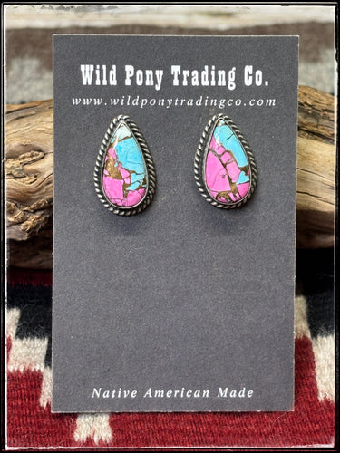 Eugene Belone, navajo silversmith.  Sterling silver and cotton candy composite stone teardrop studs. 