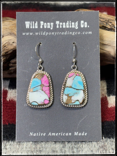 Gabby Jim, Navajo silversmith.  Sterling silver and Cotton Candy (composite) drop earrings.  