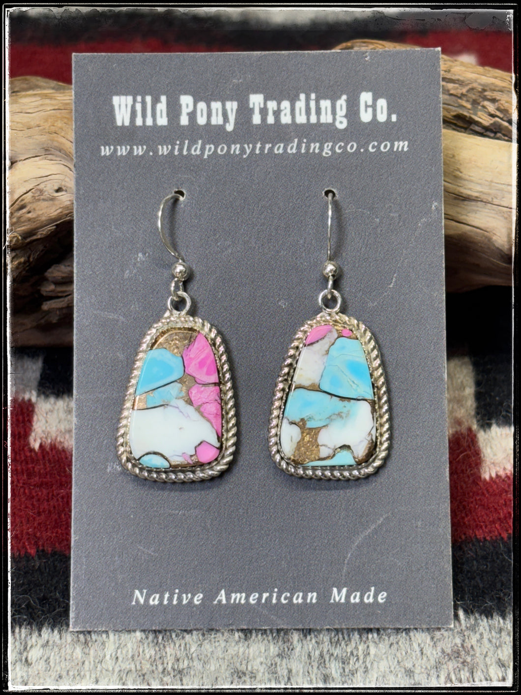 Gabby Jim, Navajo silversmith.  Sterling silver and Cotton Candy (composite) drop earrings.  