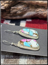 Load image into Gallery viewer, Gabby Jim, Navajo silversmith.  Sterling silver and Cotton Candy (composite) drop earrings.  

