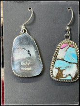 Load image into Gallery viewer, Gabby Jim, Navajo silversmith.  Sterling silver and Cotton Candy (composite) drop earrings.    Hallmark stamp. 
