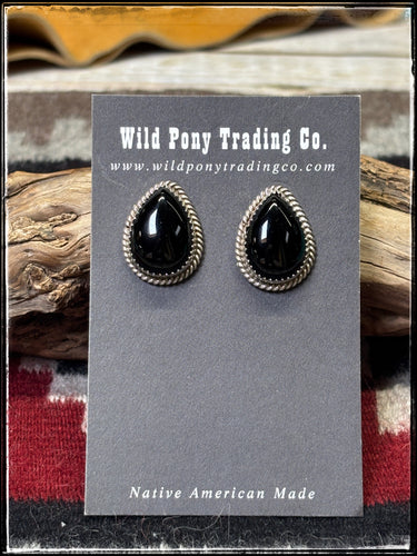 Freda Martinez, Navajo silversmith.  Sterling silver and black onyx teardrop earrings.  
