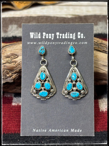 Melvin Chee, Navajo silversmith.  Sterling silver and turquoise dangle earrings. 