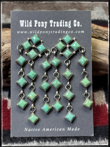 Julie Etsitty, Navajo silversmith.  Sterling silver and green turquoise chandelier earrings.  