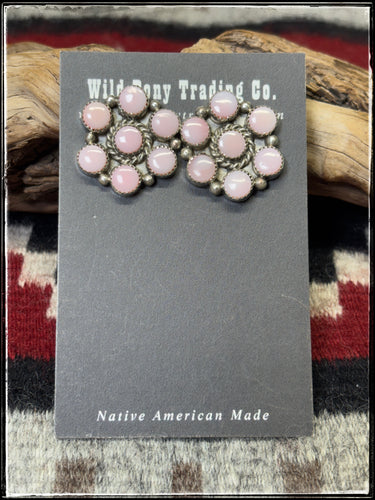 Maxine Ramirez, Navajo silversmith.  Sterling silver and pink conch shell cluster earrings. 