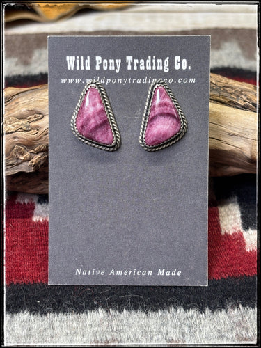 Virginia Becenti, Navajo silversmith.  Sterling silver and purple spiny shell stud earrings.