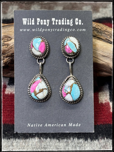 Freda Martinez, Navajo silversmith.  Cotton Candy composite earrings set in sterling silver.  
