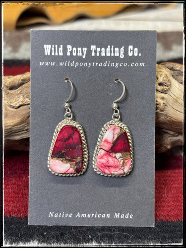 Gabby Jim, Navajo silversmith.  Sterling silver and Rose Dahlia (composite) drop earrings.  