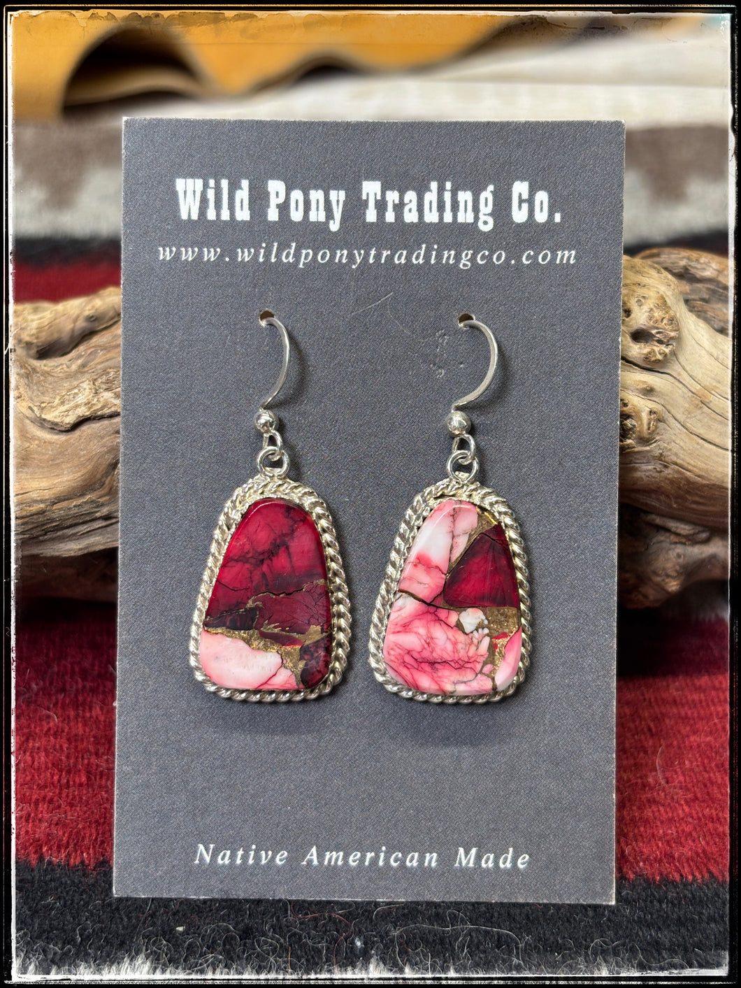 Gabby Jim, Navajo silversmith.  Sterling silver and Rose Dahlia (composite) drop earrings.  