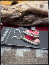 Load image into Gallery viewer, Gabby Jim, Navajo silversmith.  Sterling silver and Rose Dahlia (composite) drop earrings.  
