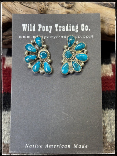 Alicia Wilson, Navajo silversmith.  Sterling silver and Kingman turquoise, petite 1/ cluster earrings. 