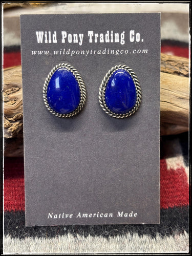 Freda Martinez, Navajo silversmith.  Sterling silver and Lapis Lazuli oval earrings.  
