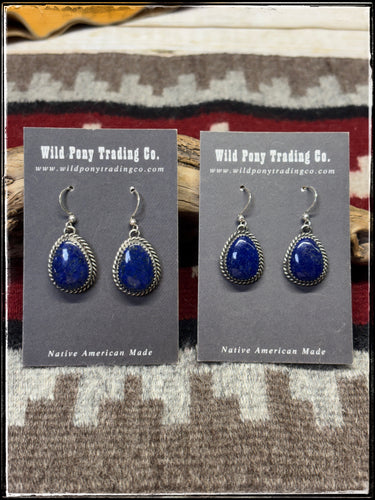 Freda Martinez, Navajo silversmith.  Sterling silver and Lapis teardrop earrings. 