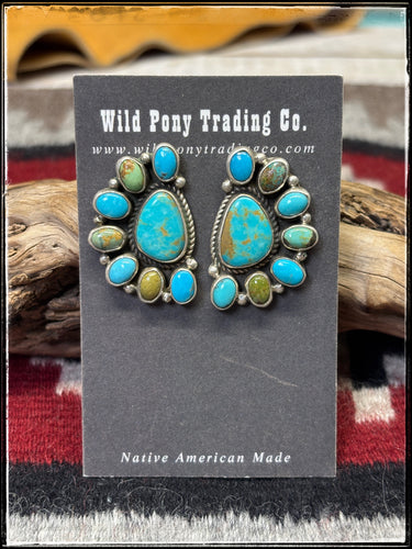 Geraldine James, Navajo silversmith.  Sterling silver and assorted Kingman stones set in a half cluster pattern.
