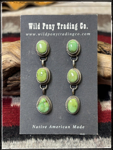 Freda Martinez, Navajo silversmith.  Sterling silver and Sonoran Gold turquoise triple drop earrings. 