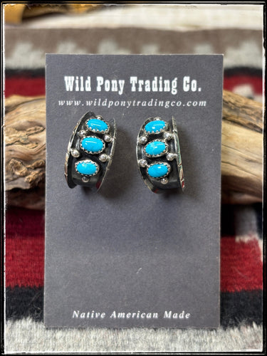 Reed Charley, Navajo silversmith.  Sterling silver and turquoise hoop earrings. 