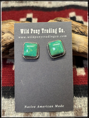 Freda Martinez, Navajo silversmith.  Sterling silver and Kingman turquoise square stud earrings. 