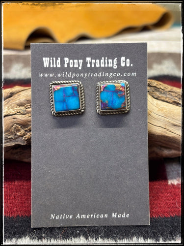 Judith Dixon, Navajo silversmith.  Sterling silver and Mojave turquoise (a composite) stud earrings. 