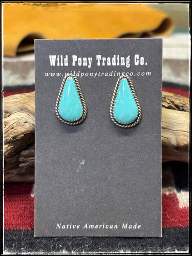 Virginia Becenti, Navajo silversmith.  Sterling silver and kingman turquoise teardrop studs. 