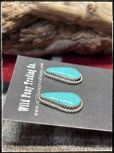 Load image into Gallery viewer, Virginia Becenti, Navajo silversmith.  Sterling silver and kingman turquoise teardrop studs. 
