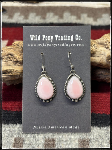 Sterling silver and pink conch shell teardrop earrings by Navajo silversmith Freda Martinez.  Lighter pink option. 
